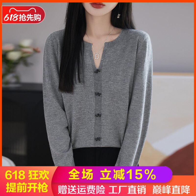 100%纯羊毛衫女半开圆领蝴蝶结针织毛衣外搭宽松休闲长袖羊绒上衣