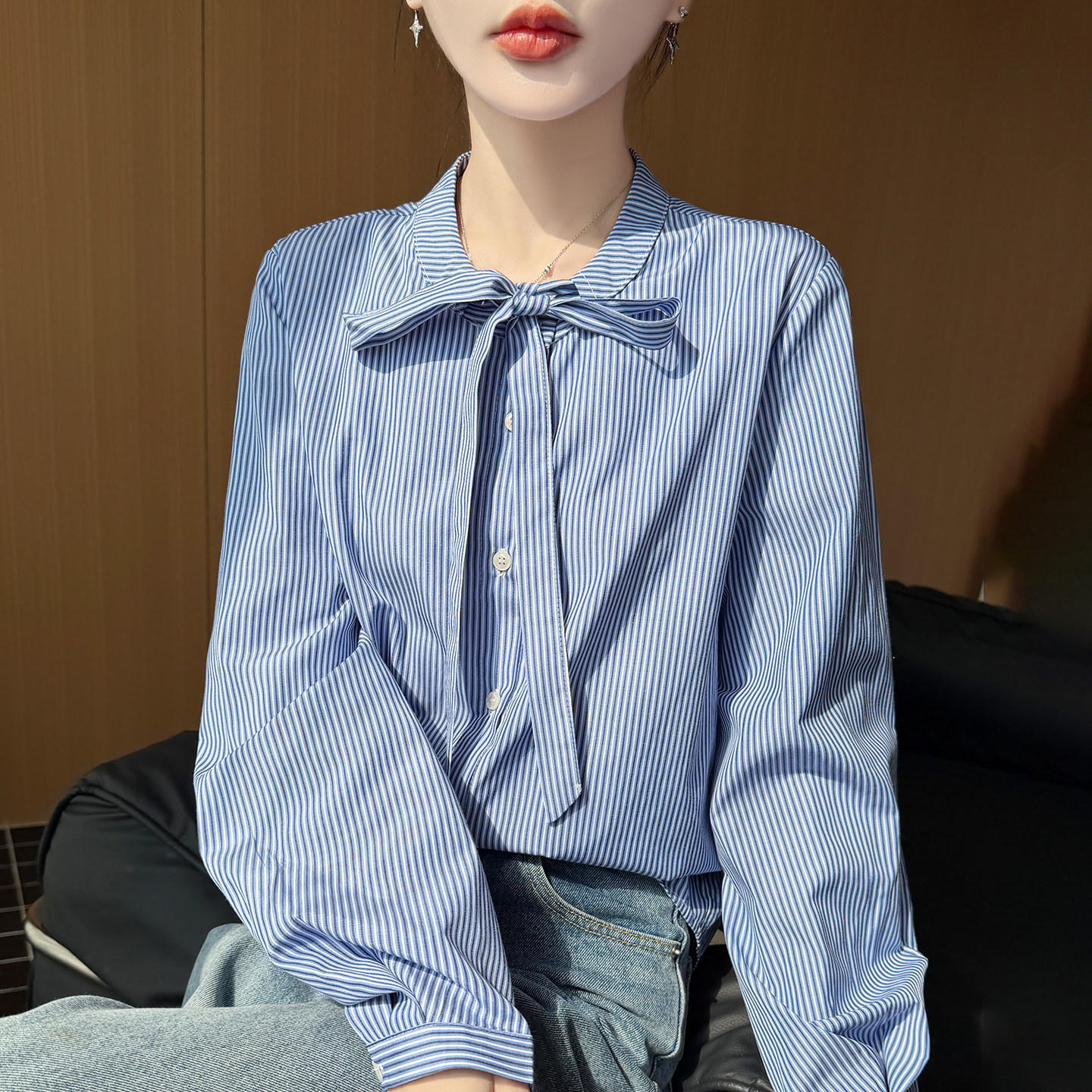 法式高级感蓝条纹蝴蝶结衬衫开衫