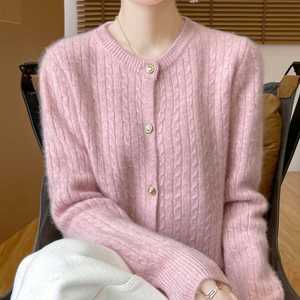 24秋冬100%纯羊绒开衫女圆领扭花外套毛衣宽松纯色外搭羊毛衫上衣