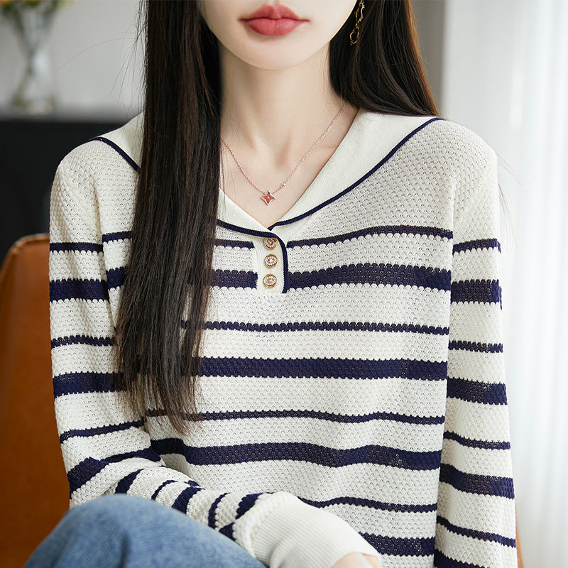 海军领条纹针织衫女V领撞色拼接