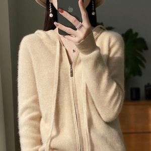 100%纯羊绒帽衫女秋冬加厚双拉链连帽开衫宽松韩版羊毛衫外套毛衣