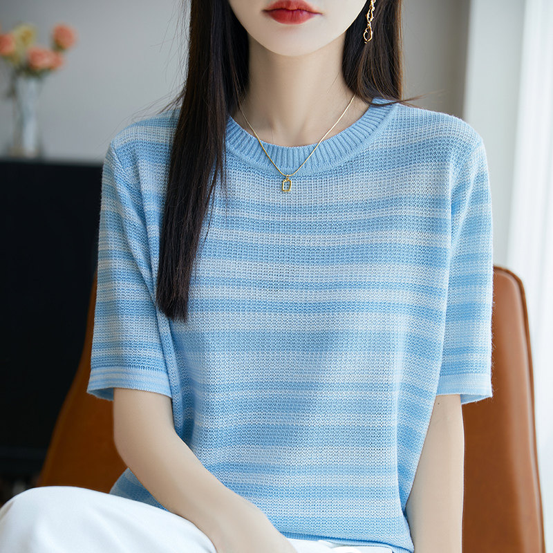 精纺羊毛针织五分袖上衣女打底衫
