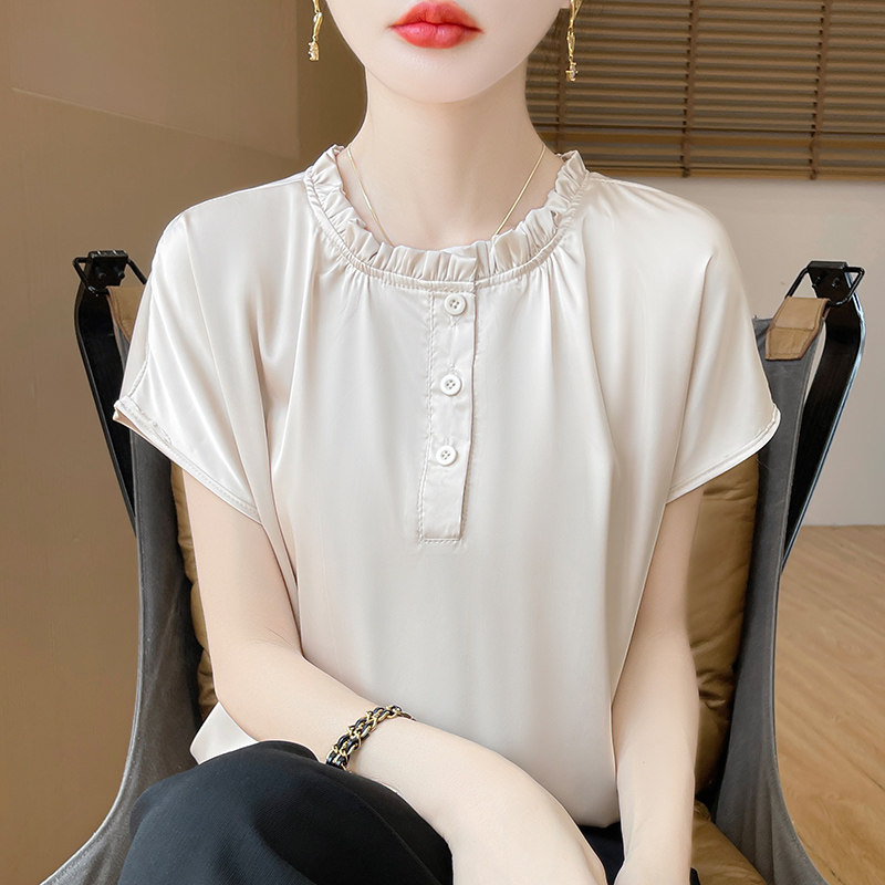 缎面真丝短袖T恤女半开领木耳边