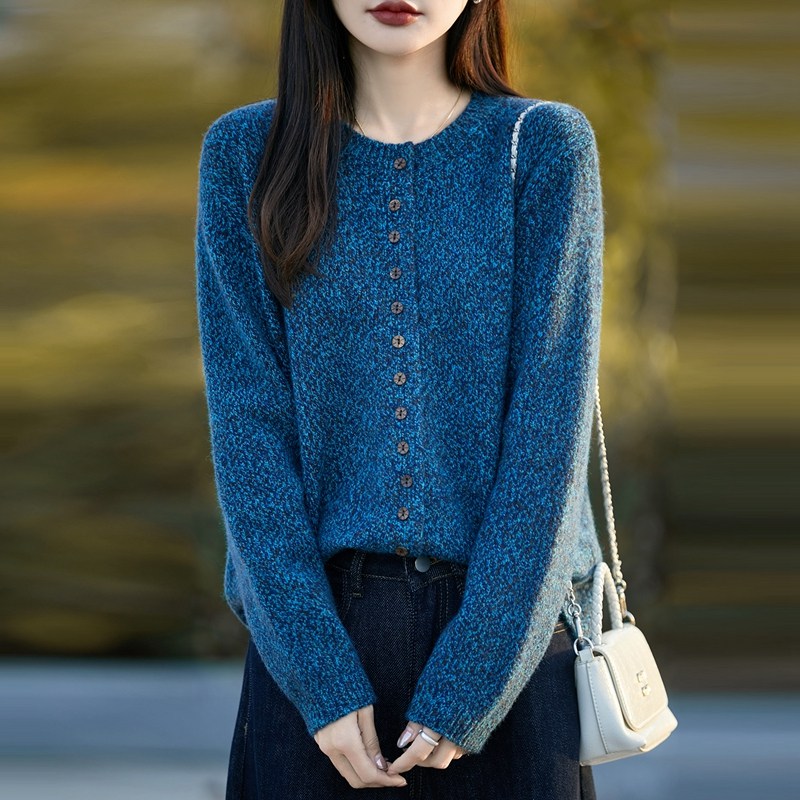 高级感花纱圆领加厚精纺羊毛针织开衫女复古百搭宽松长袖外套上衣