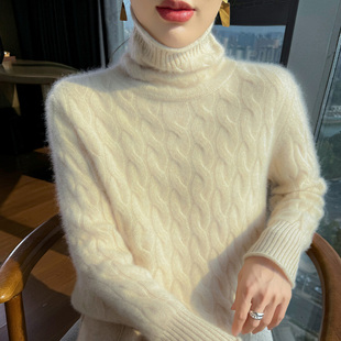 25秋冬高领加厚山羊绒衫 打底 女卷边麻花针织毛衣宽松慵懒风羊毛衫