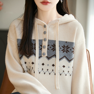 秋冬加厚精纺羊毛衫针织帽衫女复古拼色针织毛衣宽松纽扣连帽打底