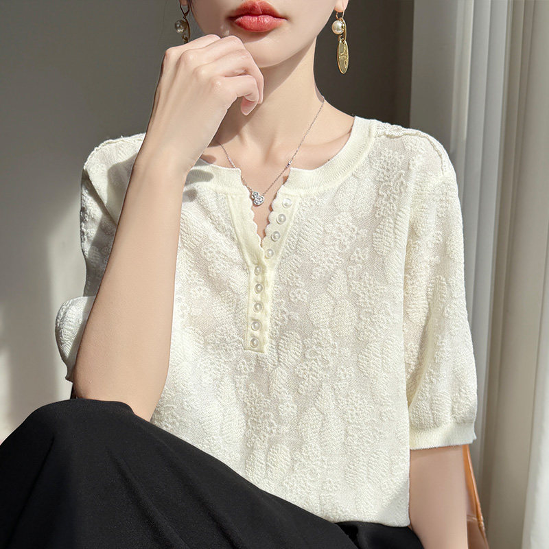 春夏半开V领精纺羊毛衫针织短袖女珍珠扣提花T恤上衣宽松半袖打底