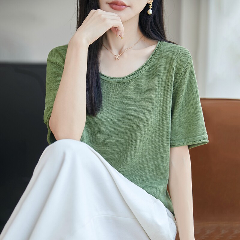 天丝亚麻卷边圆领亮片短袖T恤衫