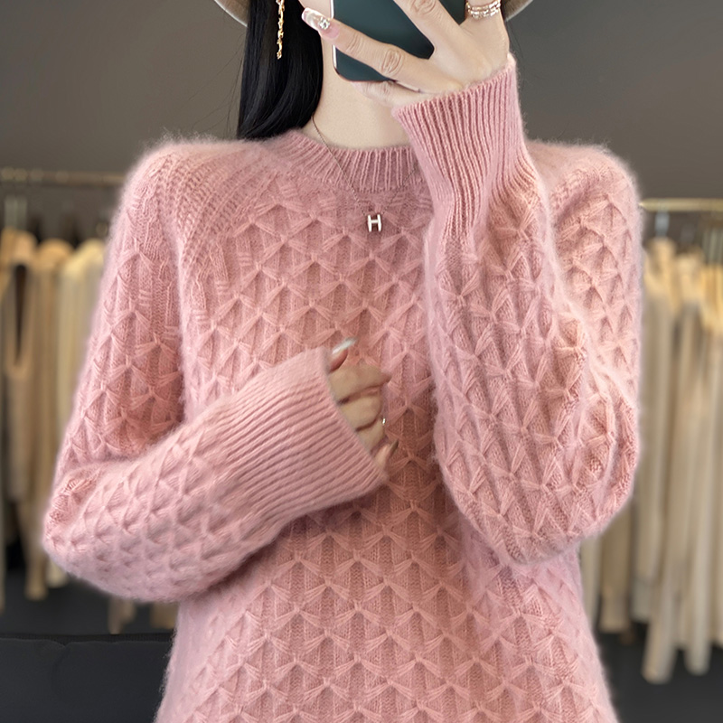 秋冬100%纯羊毛衫女半高领加厚菱形提花针织毛衣宽松羊绒打底上衣