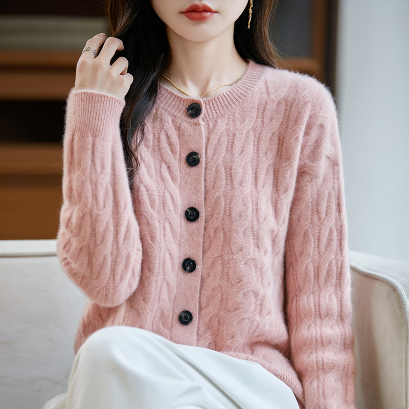 秋冬加厚100%纯羊毛开衫女圆领麻花针织山外套毛衣宽松外搭羊绒衫