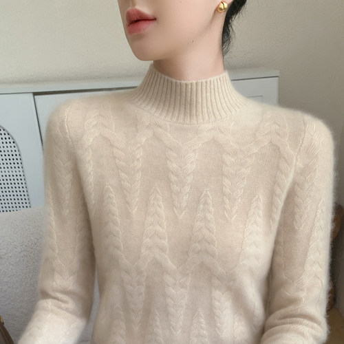 半高领加厚山羊绒衫绞花针织毛衣