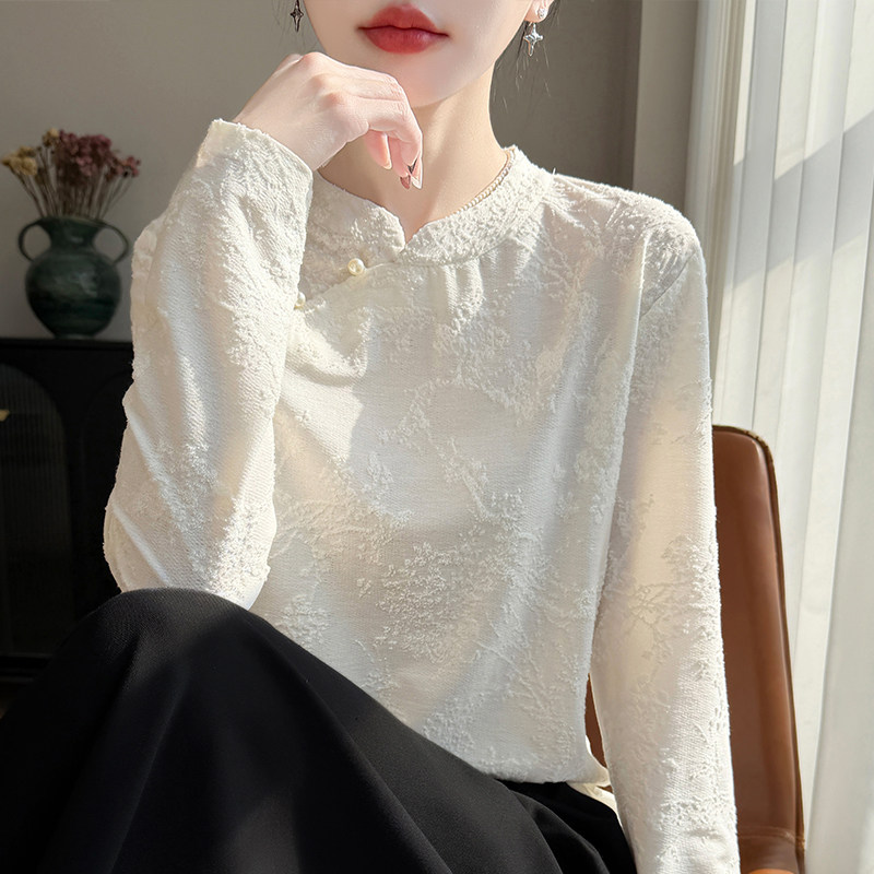 新中式复古风立领提花长袖上衣女桑蚕丝盘扣立体雕花毛衣宽松打底