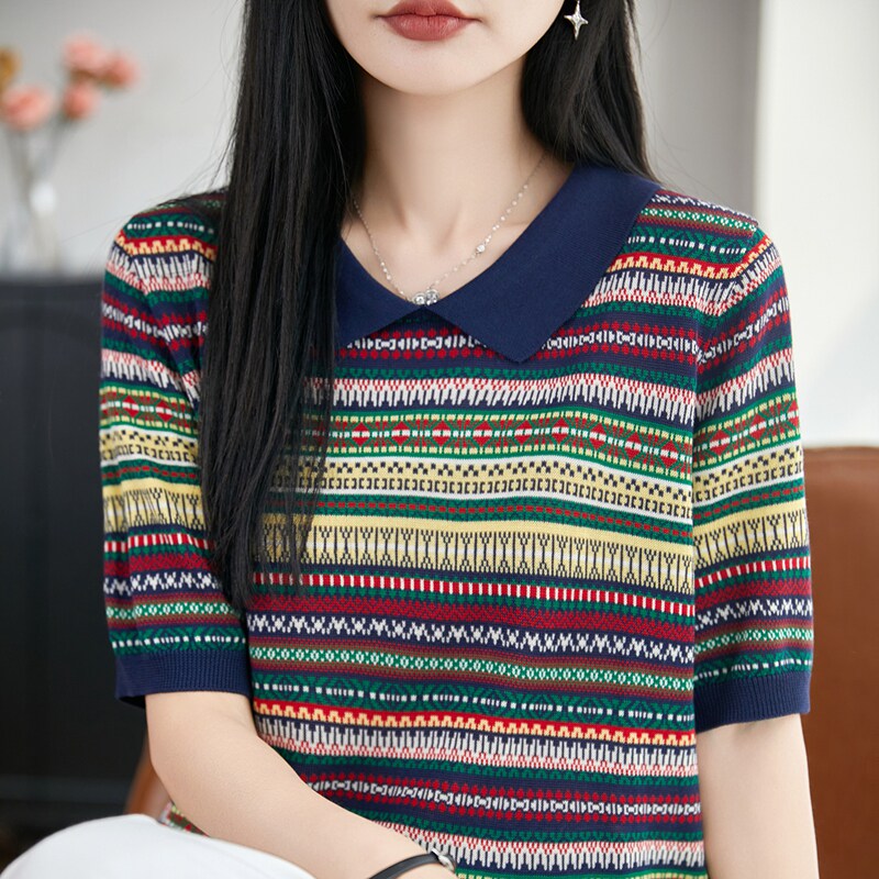 100%天丝针织女POLO领条纹T恤衫