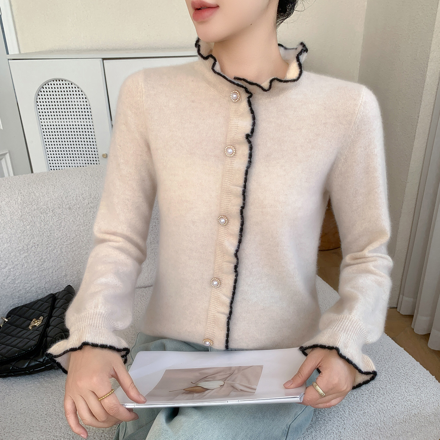 小香风拼色珍珠扣山羊绒衫女花边半高领针织衫毛衣宽松羊绒衫上衣,女装/女士精品,羊绒衫,淘宝优惠券,粉丝福利购,淘宝优惠卷