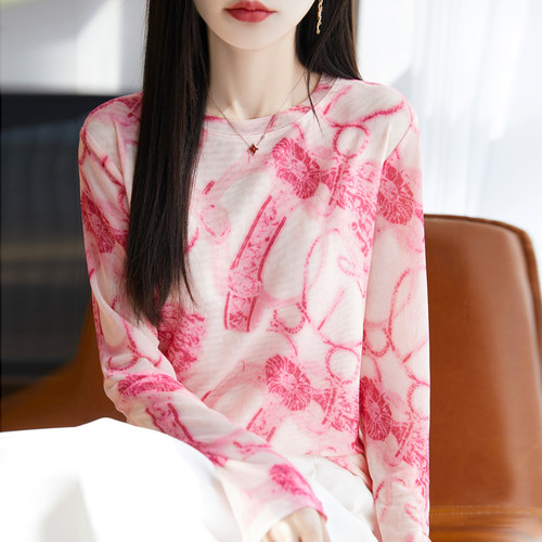 圆领长袖T恤女桑蚕丝精纺羊毛T恤