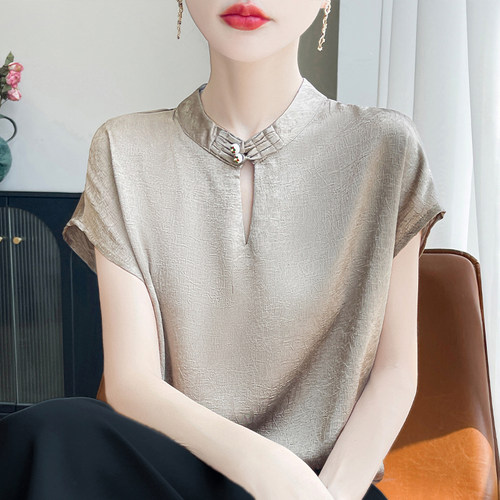 新中式国风缎面真丝短袖T恤打底
