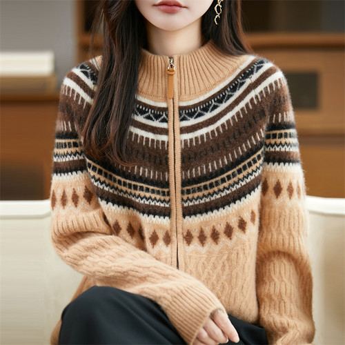 100%纯羊毛开衫女费尔岛提花外套