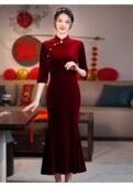 宴会晚礼服中老年演出服冬 长款 红色金丝绒走秀旗袍修身 显瘦七分袖