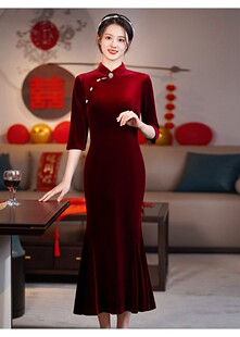 红色金丝绒走秀旗袍修身显瘦七分袖长款宴会晚礼服中老年演出服冬