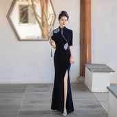 长款 显瘦七分袖 宴会晚礼服中老年演出服春 金丝绒走秀旗袍修身 新款