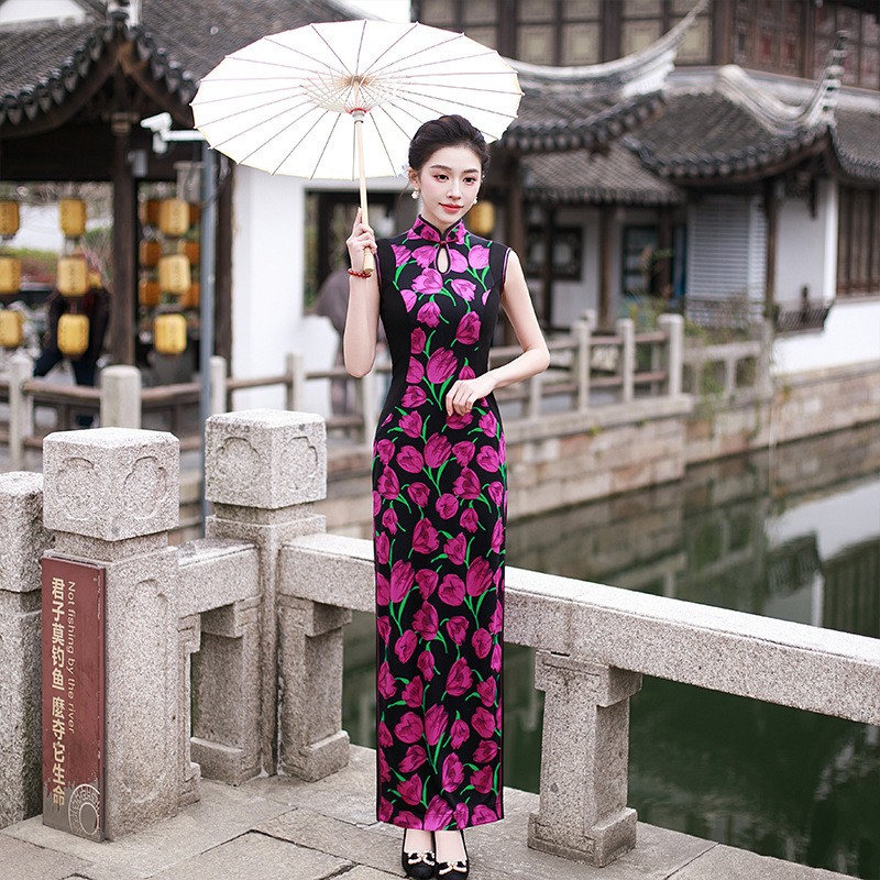 优雅中国风旗袍表演女复古改良郁金香花色修身气质长旗袍显瘦日常
