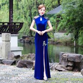 2024秋新款 花开富贵 年会加厚丝绒复古演出礼服改良走秀旗袍裙长款