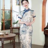 新款 妈妈旗袍夏季 高档日常修身 长款 改良中式 气质复古连衣裙青花瓷