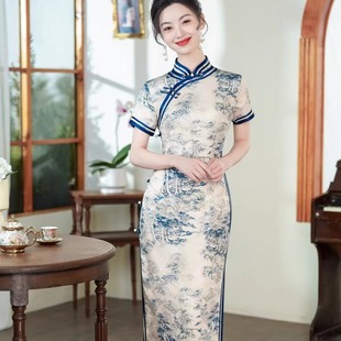 长款新款妈妈旗袍夏季高档日常修身改良中式气质复古连衣裙青花瓷