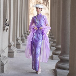 红色金丝绒走秀旗袍修身显瘦七分袖长款宴会晚礼服中老年演出服冬