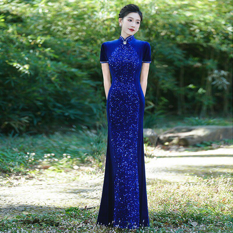 亮片时尚走秀旗袍2025新款复古妈妈婚宴改良加大码鱼尾礼服演出服