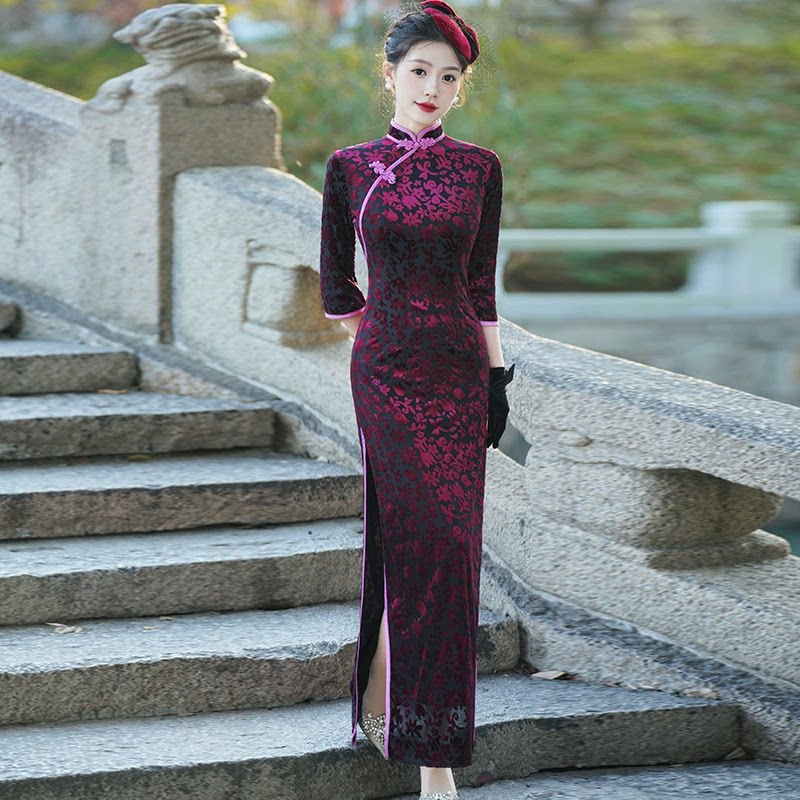 旗袍新款中国风丝绒长袖修身演出服2024优雅主持演出服宴会时尚裙