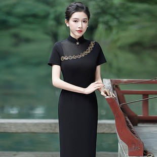 演出旗袍改良版 气质礼服复演出服古金莲花 2024新夏黑色少女年轻款