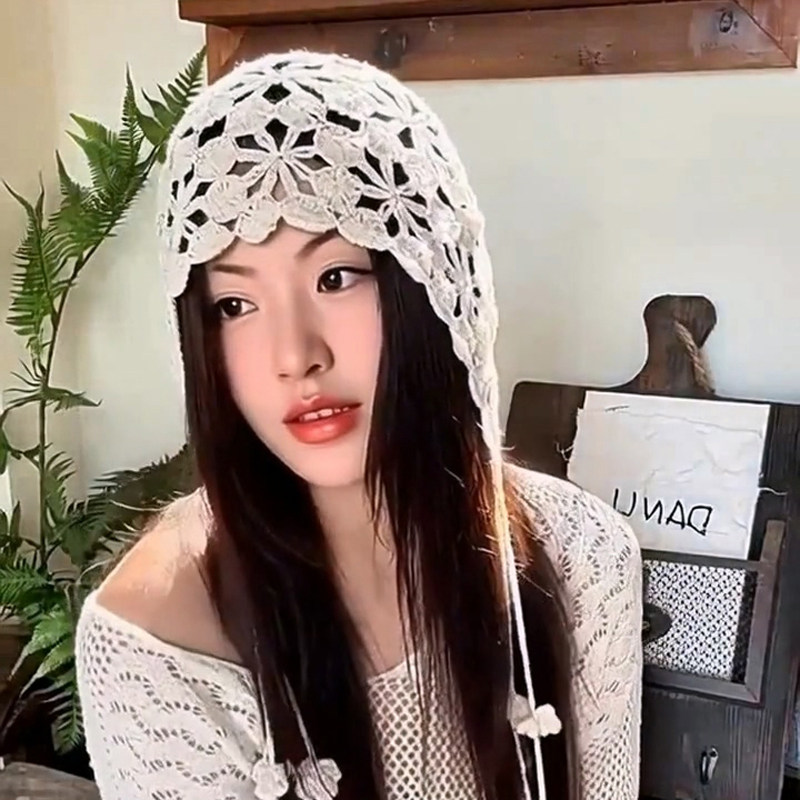 手工钩花镂空流苏包头帽女民族风