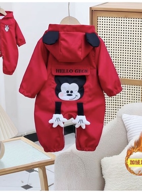 秋季上新婴幼儿时尚可爱卡通米奇梭织加绒里哈衣宝宝休闲连体