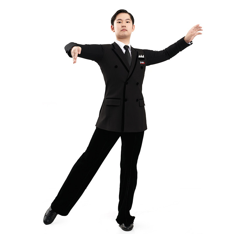 定做男士四面弹力面料双排扣戗驳领本布领丝绒镶边6件套西装赛服