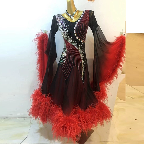 High -End Gradient Chifn Country Standard Dance Sware Юбка Waltz выступила с большой качающейся юбкой Острич пушистые танце