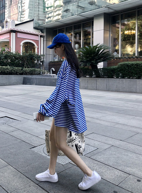 蓝色条纹女t恤长袖宽松上衣打底衫中长款韩版套头青春bf风t恤圆领