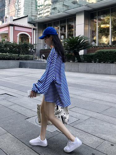 长袖韩版条纹弹力棉女宽松