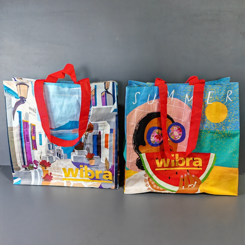 2个 外贸原单超大号防水插画编织覆膜超市环保购物袋手提袋单肩包