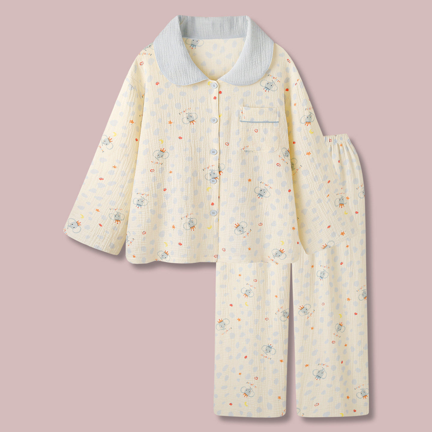 【牛仔象牙】日系甜美风纯棉高级感睡衣女款春秋季泡泡棉纱家居服