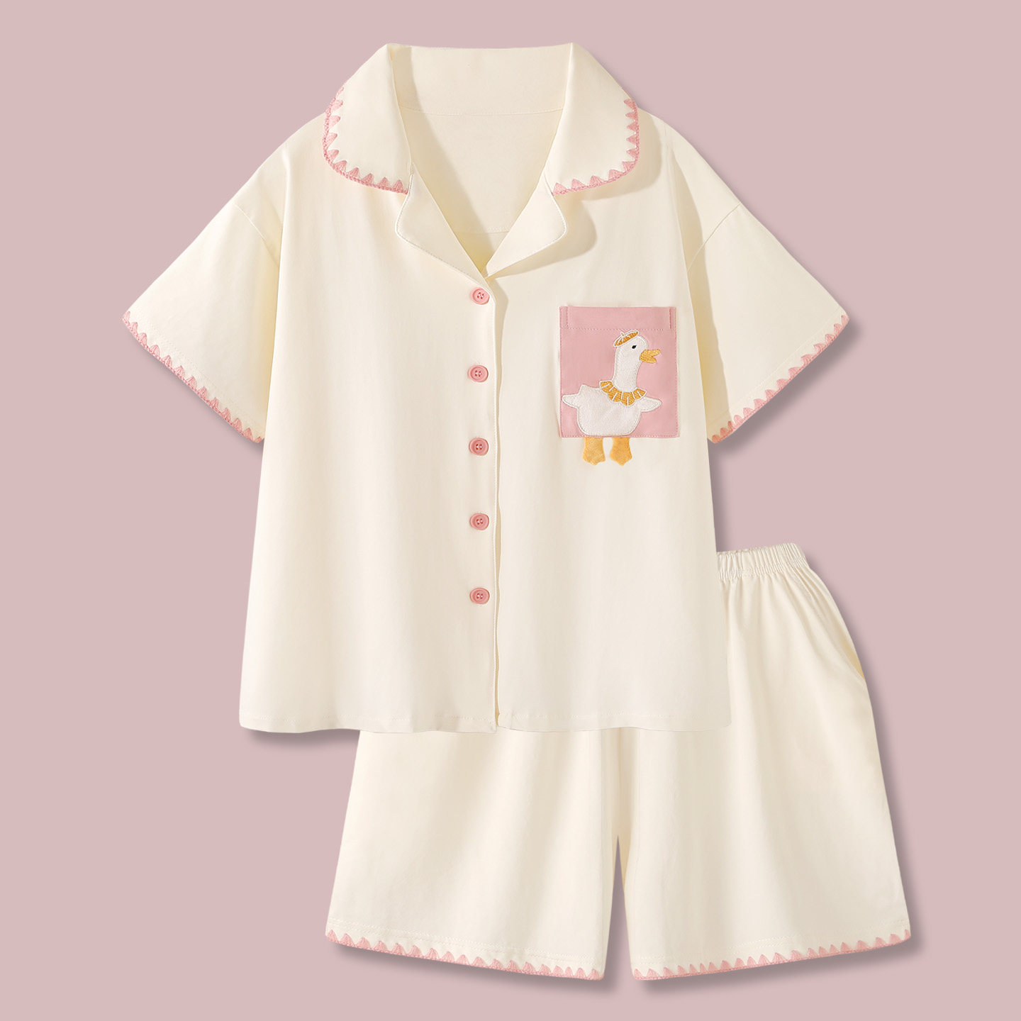 【你好吖鸭】纯棉睡衣女夏季新款翻领短袖短裤可外穿家居服套装