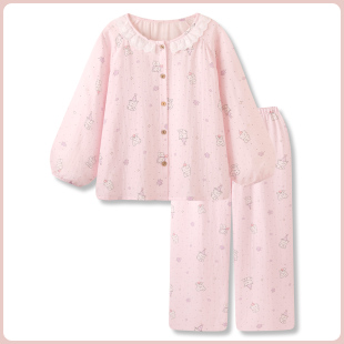 春秋高级感双层棉纱可外穿家居服套装 A类纯棉睡衣女款 带胸垫