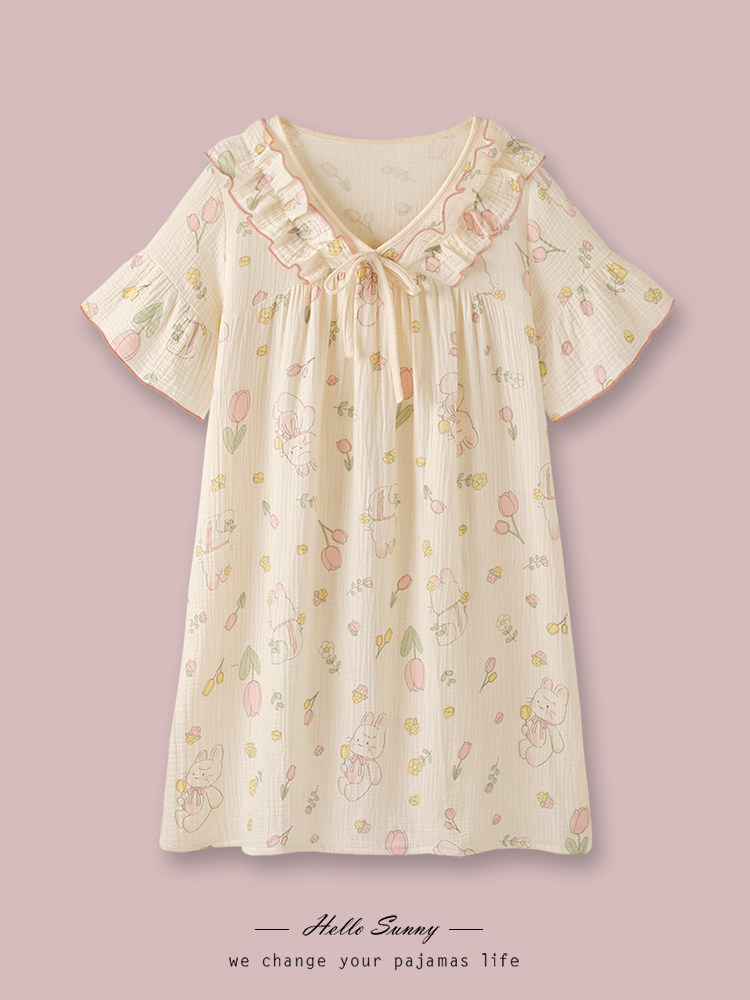 꽃길을 걷는 토끼 여성용 잠옷 여름 얇은면 거즈 달콤한 통기성 대형 느슨한 잠옷 가정 의류