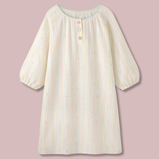 宽松家居服睡裙 彩虹软糖 油画风条纹纯棉泡泡纱睡衣女春秋夏季