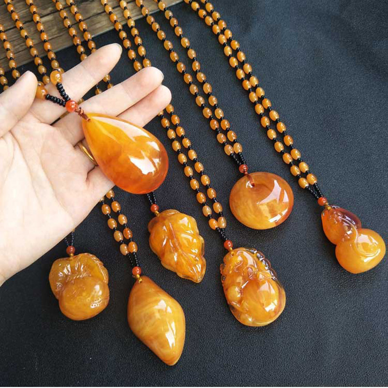 长款水滴仿蜜蜡毛衣链项链夏男女民族风琥珀檀木佛珠项链挂件