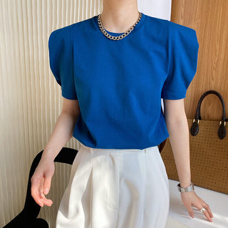 夏季2023新款韩版经典设计感短袖T恤女慵懒宽松圆领ins泡泡袖上衣