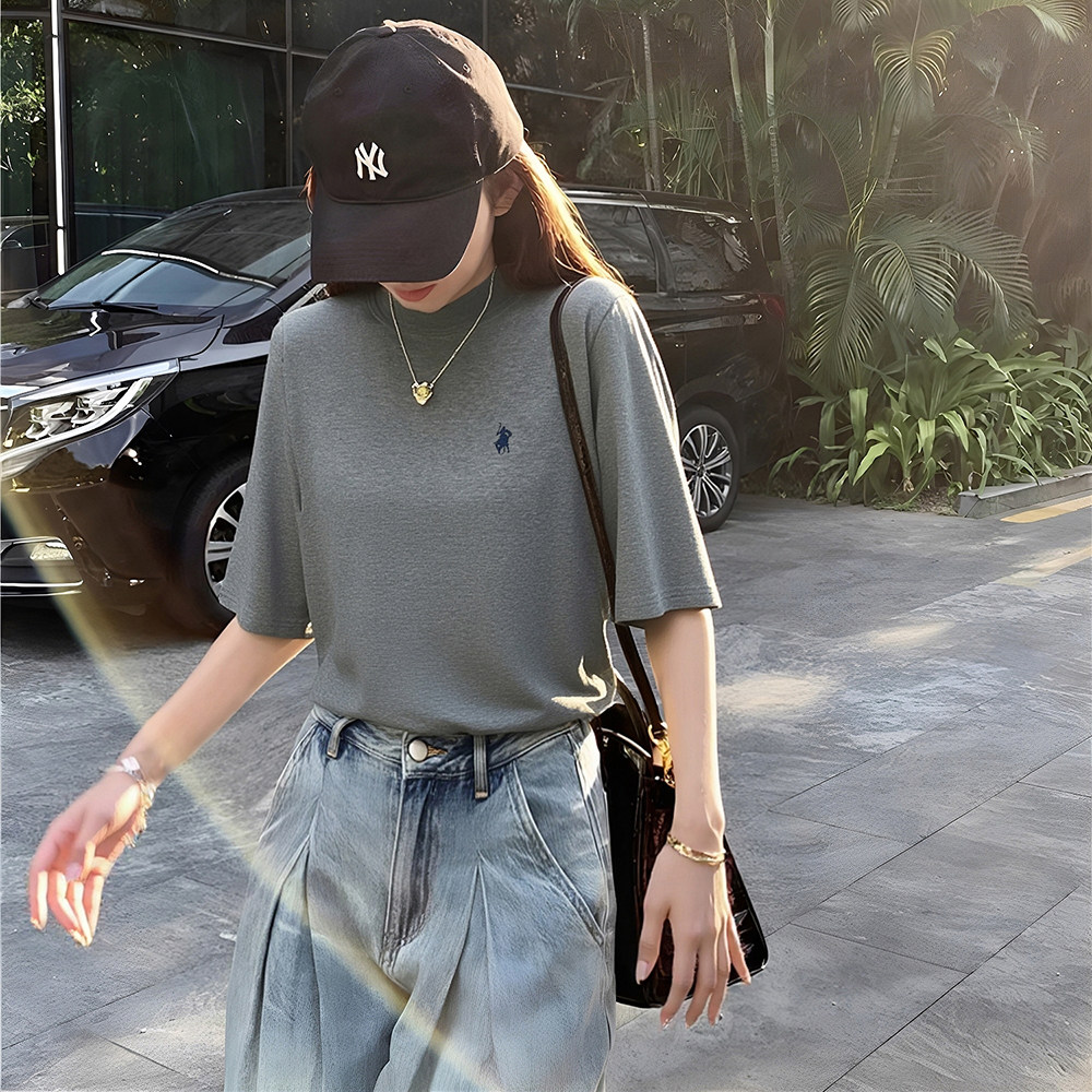 五分袖t恤女2026新款上衣高端七分半高领中袖宽松针织棉洋气打底