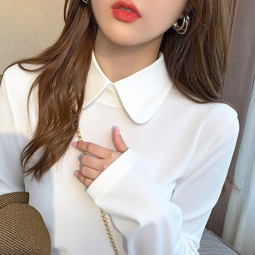 加厚衬衫弧形领淑女双面德绒打底衫磨毛加厚T恤内搭叠穿翻领衬衣
