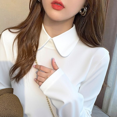 加厚衬衫弧形领淑女双面德绒打底衫磨毛加厚T恤内搭叠穿翻领衬衣