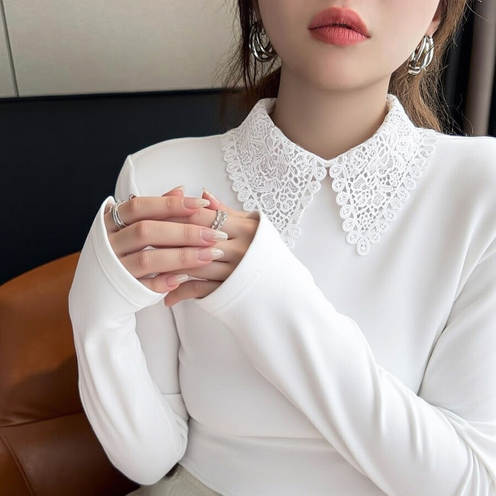 翻领衬衫加绒保暖内搭德绒白色蕾丝花边小香风修身polo领衬衣叠穿